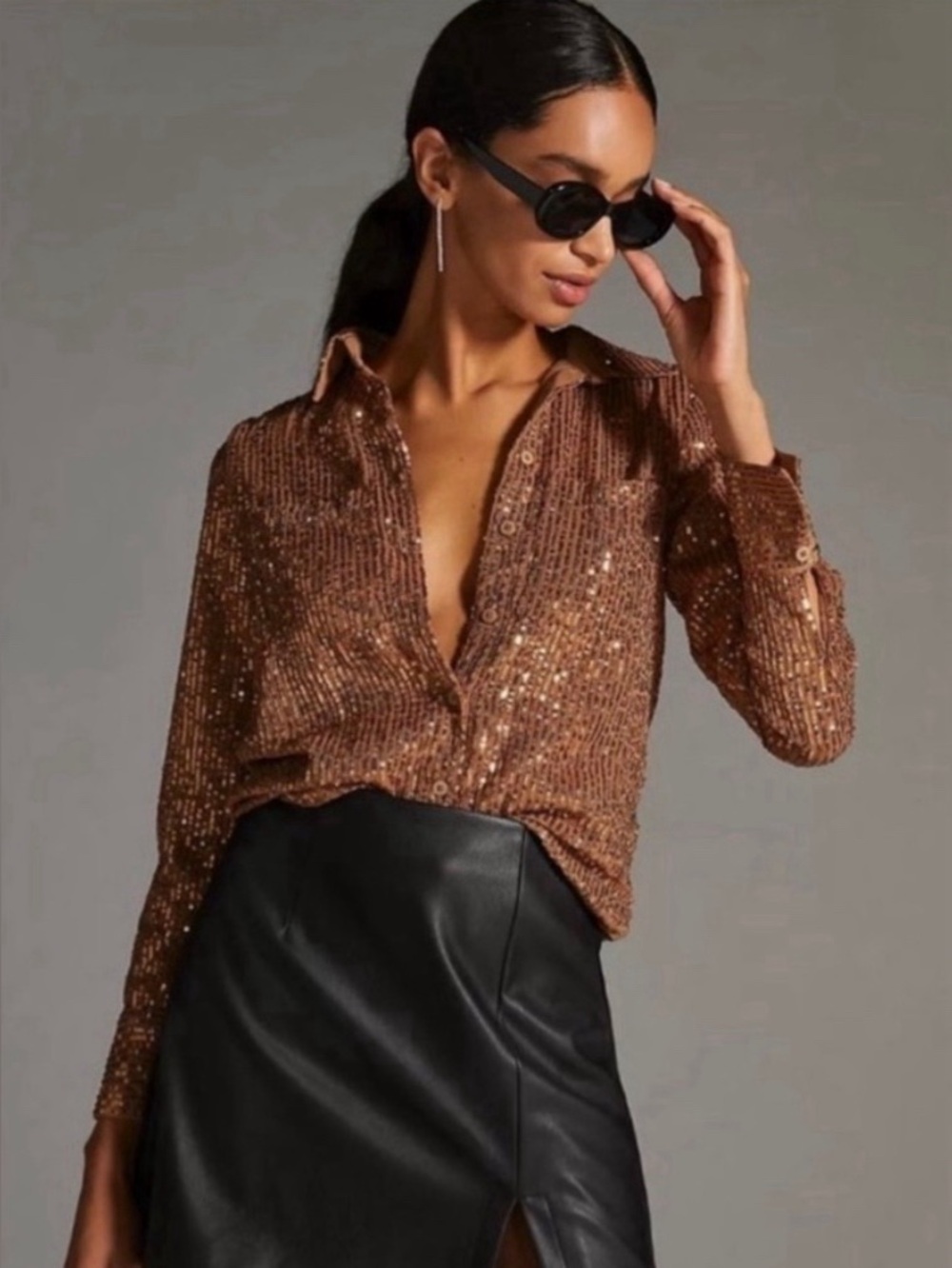 Anthropologie Brown Gold Sequin Button Down Collared Shirt